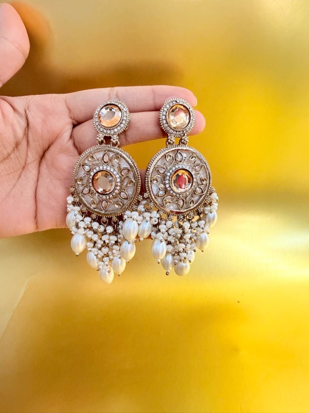Elegant Gold and Pearl Drop Earrings with Champagne Crystals